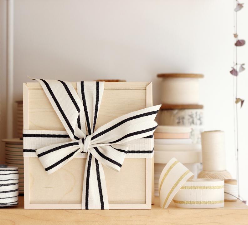 Striped cotton ribbon 1 ½” width - Wood paddle 10 yds – studio